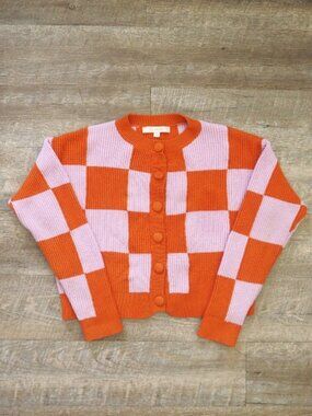 Flat White Pink Orange Checkered Button Front Knit Cardigan Sweater sz xs